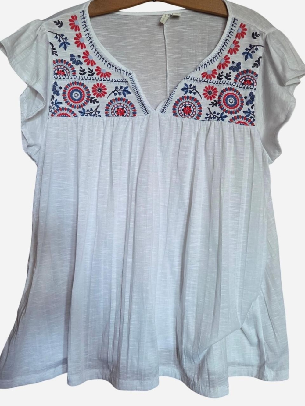 Cato White Flutter Sleeve Embroidered Yoke Top